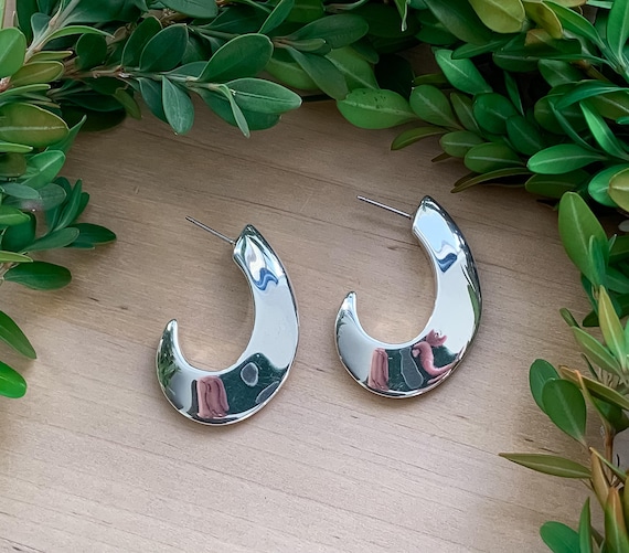Vintage Modernist Sterling Silver Fish Hook Hoop Earrings/ Modernist Sterling Earrings/ Vintage Sterling Silver Earrings/ Half Hoop Earrings