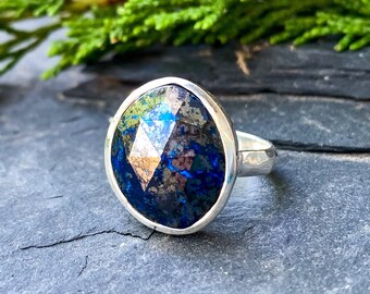 Sterling Silver Azurite Pyrite Hammered Band Ring Size 6.5/ Sterling Silver Azurite Ring/ Sterling Silver Pyrite Ring/ Hammered 925 Ring