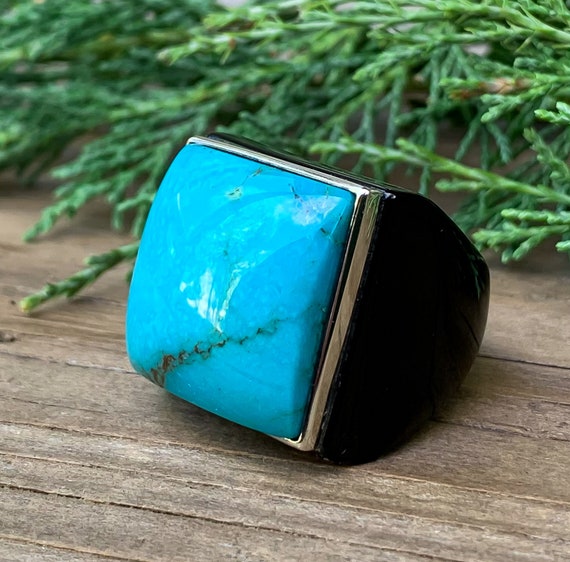 Vintage Designer Sterling Silver Carved Onyx Turquoise Ring Size 5.25/ Carved Gemsone Ring/ Bkack Inyx Ring/ Turquoise Signet Ring/ Blue View 4