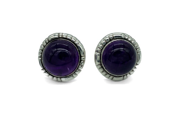 Vintage Modernist Sterling Silver Amethyst Cabochon Stud Earrings/ Amethyst Post Earrings/ Vintage Sterling Earrings/ Sterling Amethyst View 5