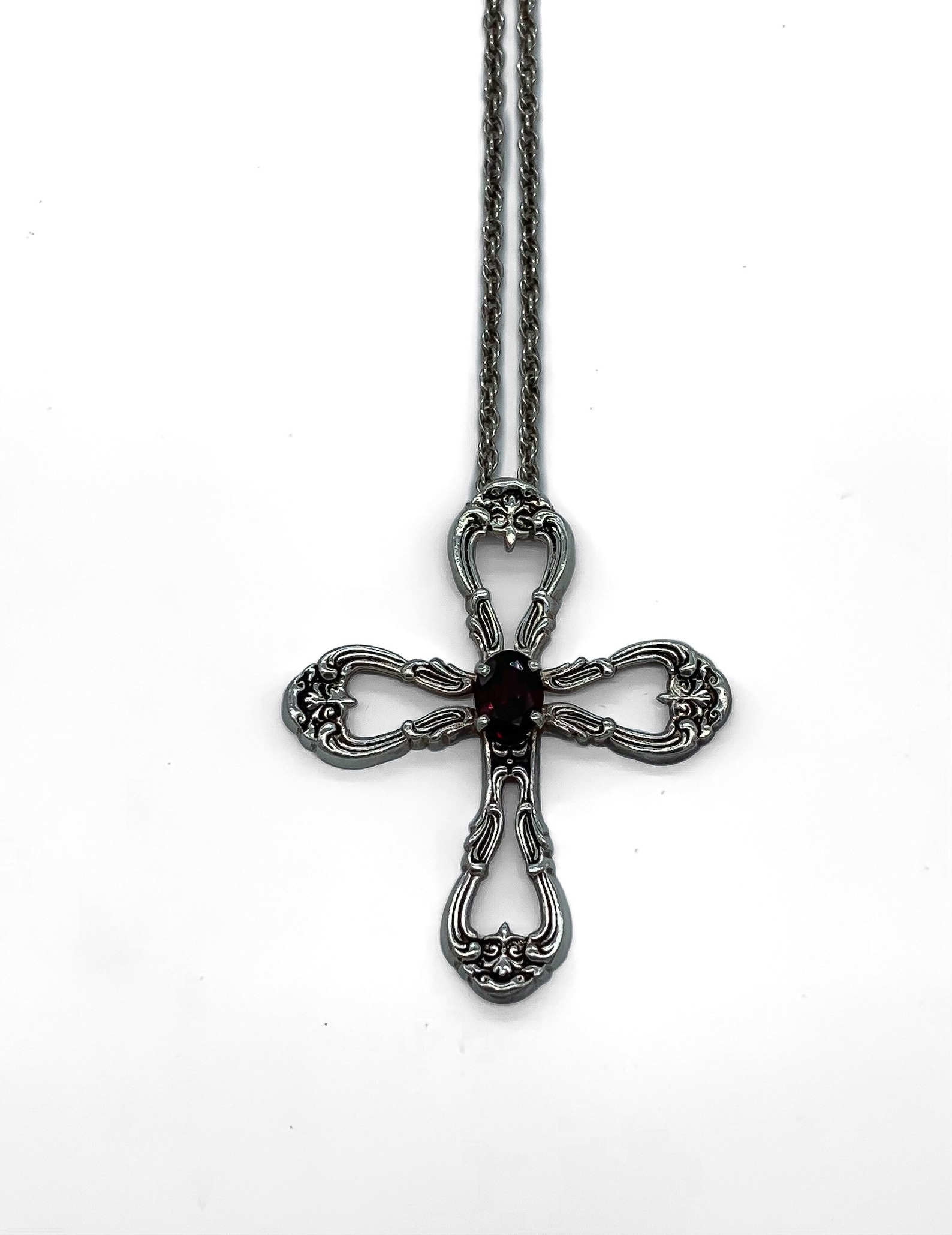Vintage Gorham Sterling Silver Garnet Cross Pendant Necklace 28 ...