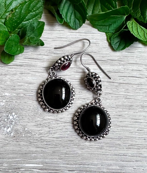 Antique Victorian Bohemian Garnet Sterling Silver Pendant Earrings/ Antique Victorian Earrings/ Antique Garnet Earrings/ Sterling Garnet
