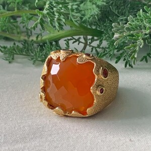Vintage Modernist 14k Gelbgold Vermeil Sterling Silber Karneol Rubin Granat Citrin Ring Größe 9 / Vintage Goldring / Vintage Sterling