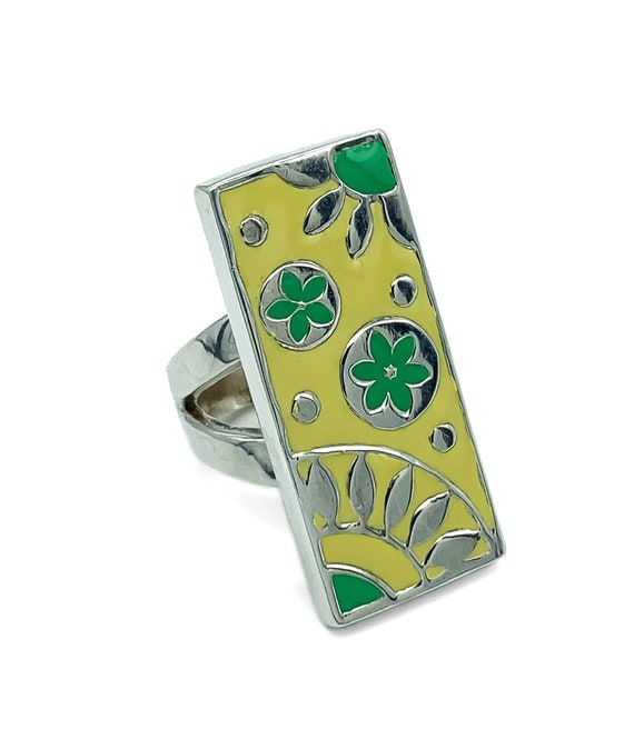 Y2K Sterling Silver Enamel Flower Ring Size 6/ Sterling Silver Enamel Ring/ Retro Sterling Ring/ Sterling Floral Ring/ Yellow Enamel