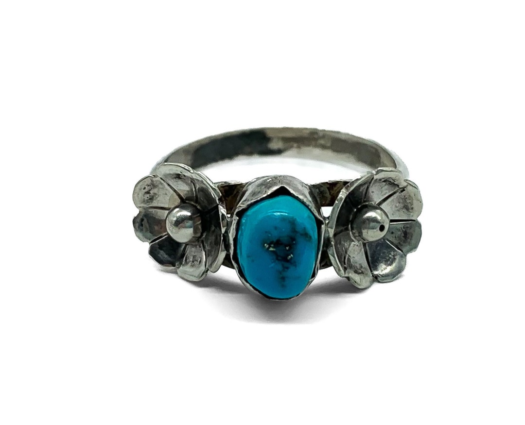 Vintage Native American Sterling Silver Turquoise Flower Ring Size 6.5 ...