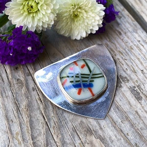 Vintage Mid Century Modernist Sterling Silver Art Glass Pin Brooch/ Modernist Sterling Silver Brooch/ Mid Century Modern Sterling Brooch