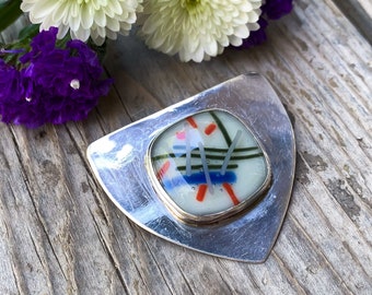 Vintage Mid Century Modernist Sterling Silver Art Glass Pin Brooch/ Modernist Sterling Silver Brooch/ Mid Century Modern Sterling Brooch
