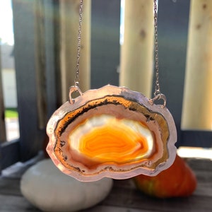 Vintage Sterling Silver Agate Geode Slice Pendant Necklace 19&quot;/ Agate Slice Pendant Necklace/ Sterling Agate Necklace/ Modernist Necklace