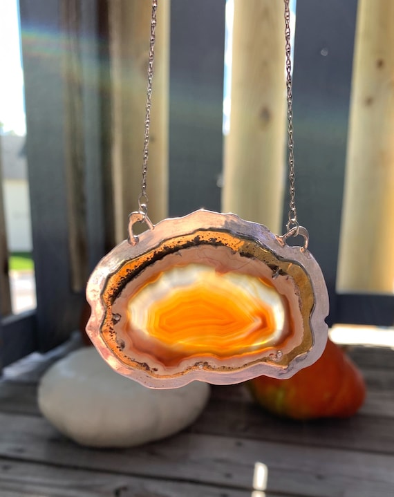 Vintage Sterling Silver Agate Geode Slice Pendant 