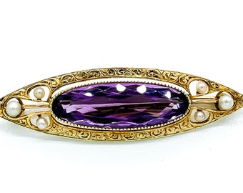 Antique Victorian 14k yellow Gold Amethyst Seed Pearl Pin Brooch/ Victorian 14k Gold Amethyst Seed Pearl Brooch/ Antique 14k Amethyst Broch