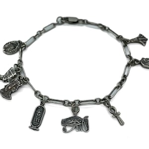 Vintage Egyptian Sterling Silver Hieroglyph Charm Chain Bracelet 7.25"/ Ancient Egyptian Charm Bracelet/ Sterling Charm Bracelet/ Scarab