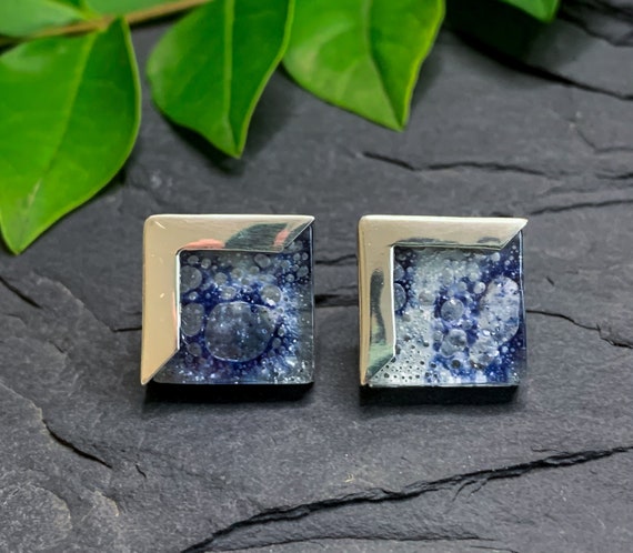 Vintage Modernist Sterling Silver Art Glass Square Stud Earrings/ Art Glass Earrings/ Modernist Sterling Earrings/ Sterling Silver Earrings