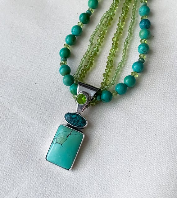 Vintage Sterling Silver Turquoise Peridot Pendant… - image 3