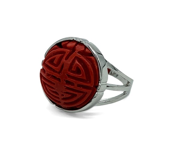 Vintage Chinese Sterling Silver Carved Cinnabar L… - image 9