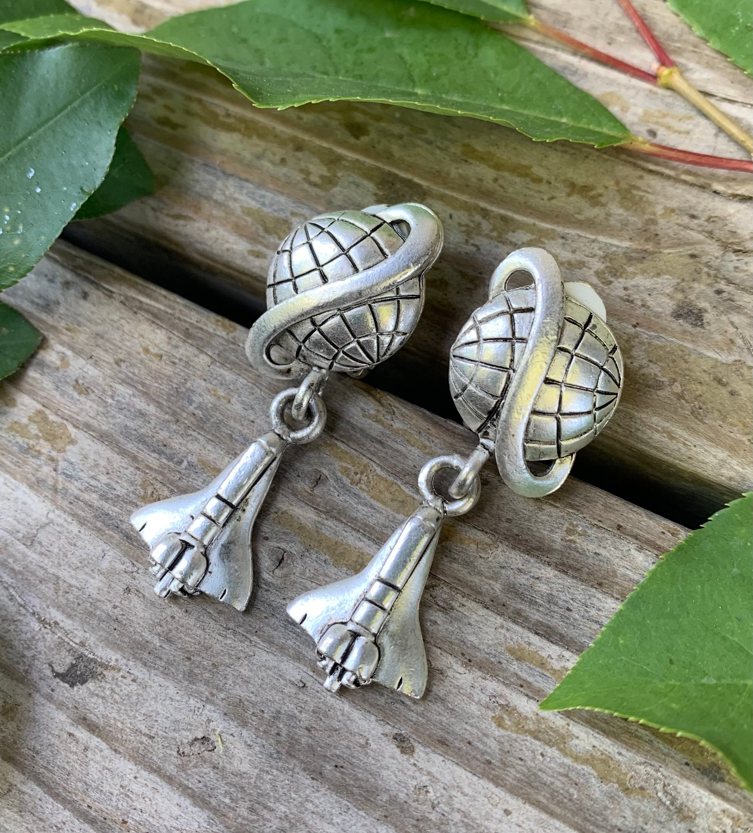 Vintage Mrs. Frizzle Planet & Rocket Ship Silver Tone Clip on Earrings ...