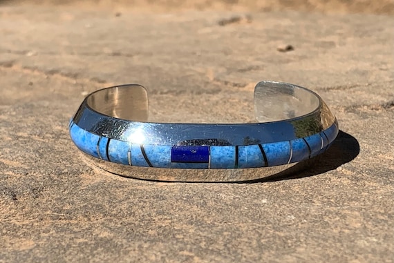 One Of Best Vintage Native American Navajo Jim Harrison Turquoise Inlay Sterling Silver Bracelet One Of Best Vintage Native American Navajo Jim Harrison Turquoise Inlay Sterling Silver Bracelet