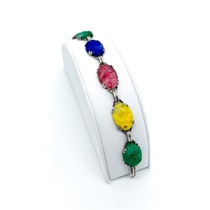 Antique Art Deco Sterling Silver Rainbow Molded Art Glass Link Bracelet 7.5&quot;/ Antique Sterling Molded Glass Link Bracelet/ Rainbow Art Glass
