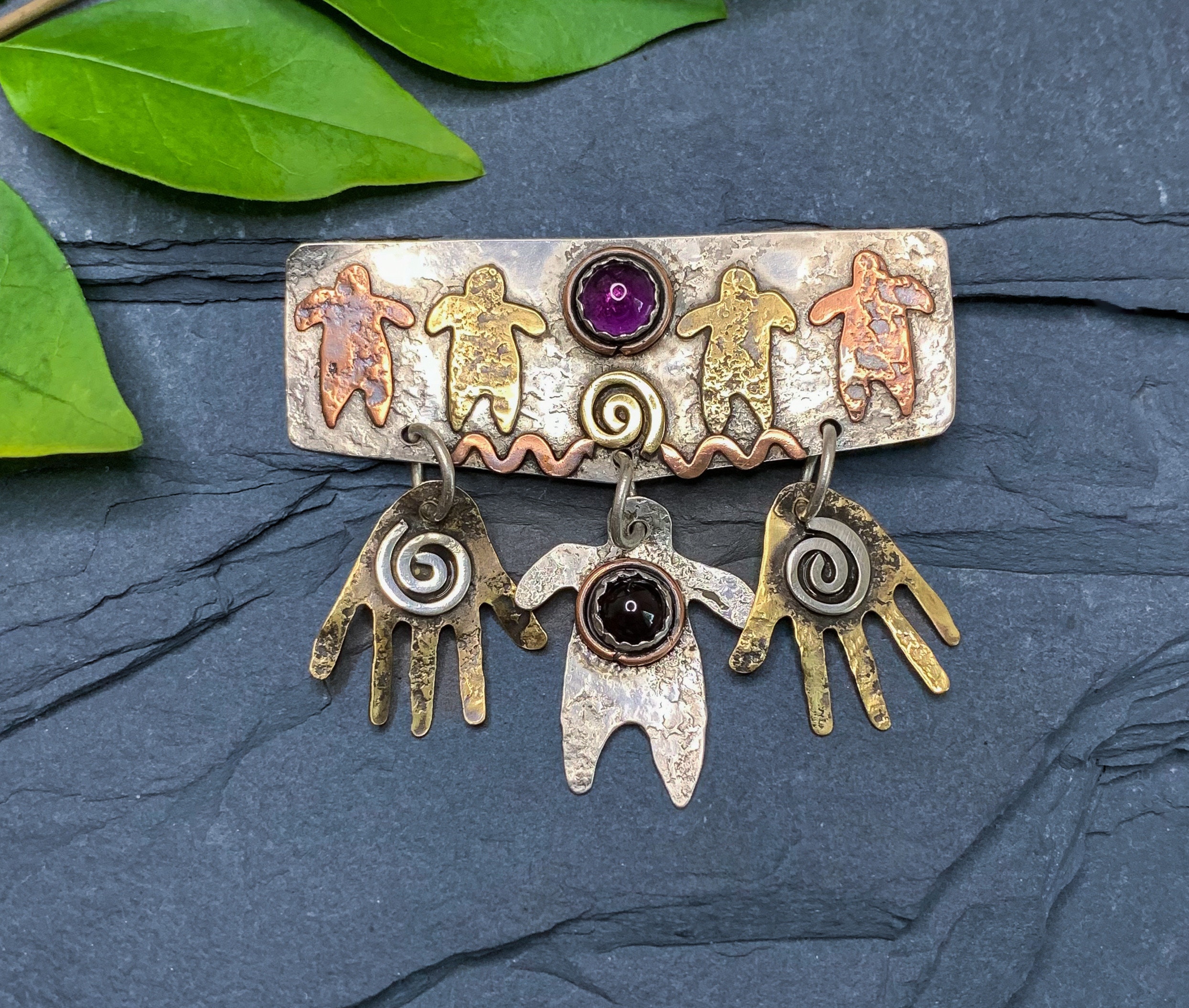Vintage Artisan Sterling Silver Amethyst Garnet Cave Art Brooch/ Sterling Silver Hand Print Brooch/ Sterling Silver Primitive Art Brooch