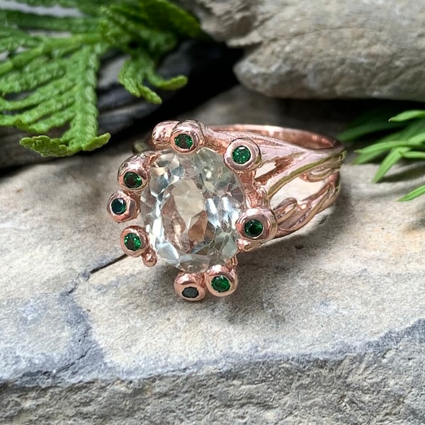 14k Rose Gold Sterling Silver Prasiolite Chrome Diopside Vine Ring Size 6/ Rose Gold Ring/ Green Amethyst Ring/ Rose Gold Prasiolite Ring