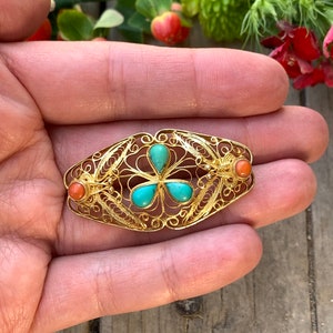 Vintage Chinese Export Gold Sterling Silver Turquoise Coral Filigree Pin Brooch/ Chinese Gold Filigree Turquoise Coral Brooch/ Filigree Pin image 5