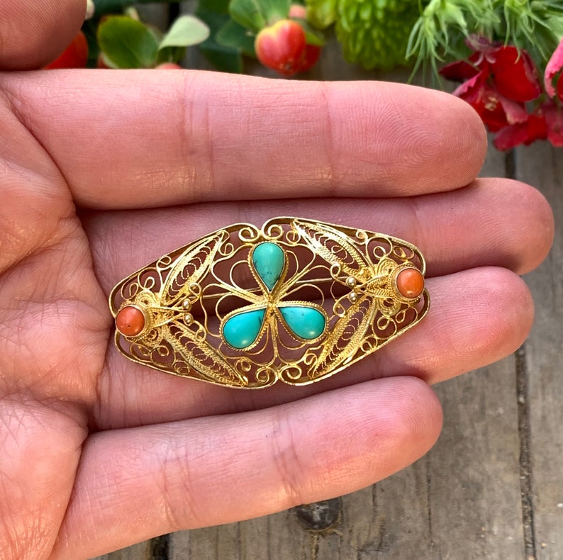 Vintage Chinese Export Gold Sterling Silver Turquoise Coral Filigree Pin Brooch/ Chinese Gold Filigree Turquoise Coral Brooch/ Filigree Pin image 5