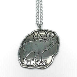 Vintage Artisan Sterling Silver Elk Motif Pendant Necklace 18&quot;/ Sterling Silver Elk Pendant Necklace/ Sterling Silver Deer Pendant Necklace