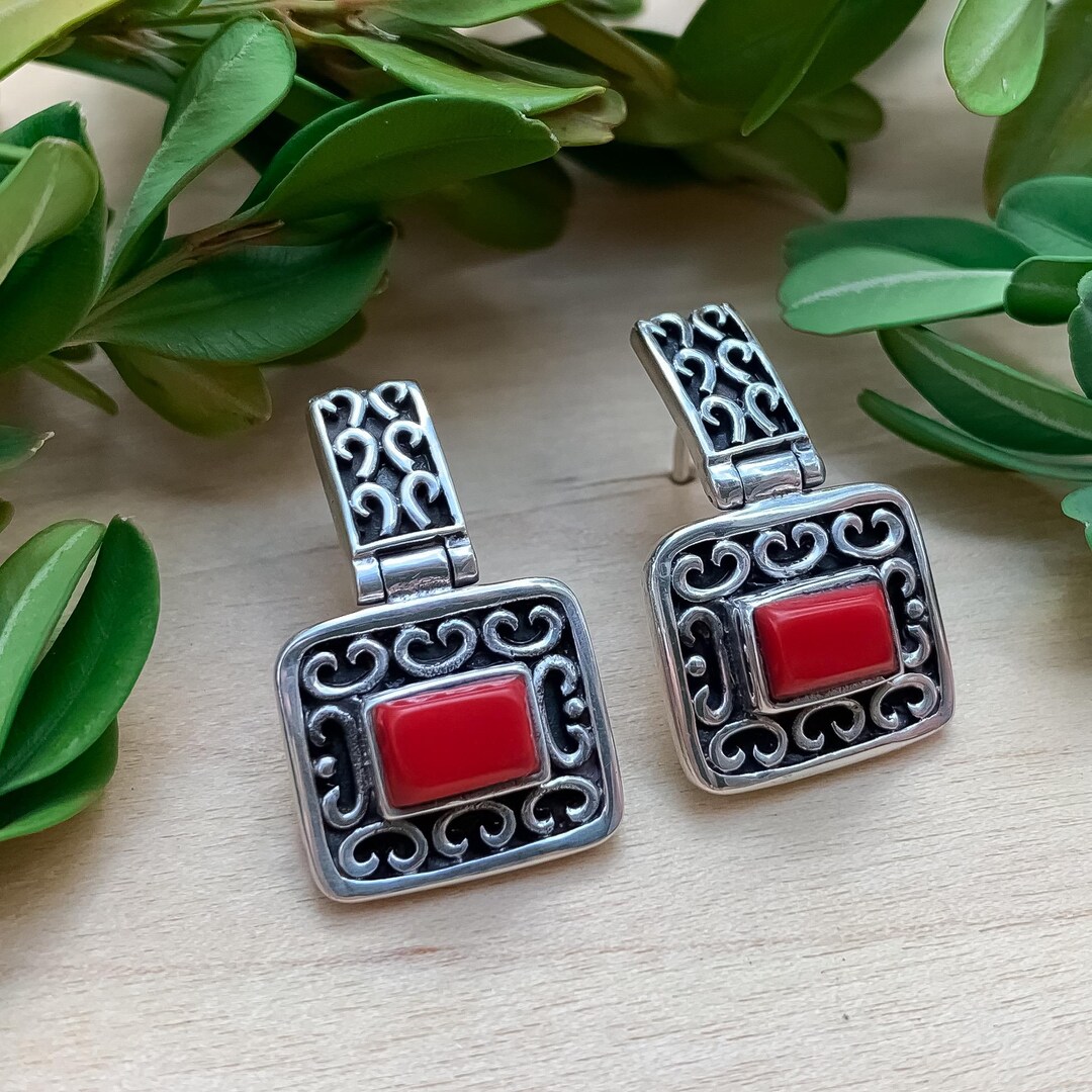 Rectangular Red Earrings Vintage Sterling Silver Red Enamel Rectangle Drop Earrings/ Sterling ...