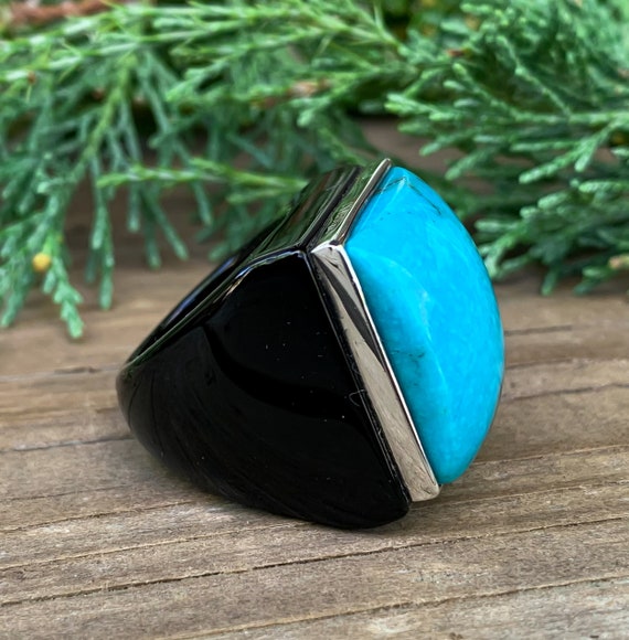 Vintage Designer Sterling Silver Carved Onyx Turquoise Ring Size 5.25/ Carved Gemsone Ring/ Bkack Inyx Ring/ Turquoise Signet Ring/ Blue View 6
