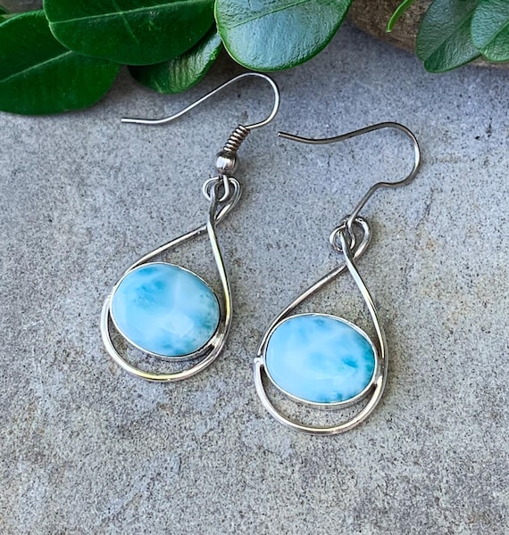 Vintage Sterling Silver Larimar Earrings/ Larimar Earrings/ Sterling Larimar Jewelry/ Blue Gemstone Earrings/ Cabochon Grmstone Earrings
