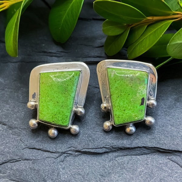 Vintage C. Wylie Native American Sterling Silver Green Turquoise Earrings/ Green Turquoise Earrings/ Native American Turquoise Earrings