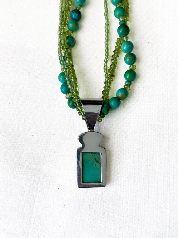 Vintage Sterling Silver Turquoise Peridot Pendant… - image 5
