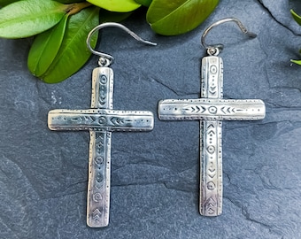 Vintage Southwestern Sterling Silver Cross Earrings/ Sterling Cross Earrings/ Sterling Cross Jewelry/ Vintage Sterling Earrings/ Western