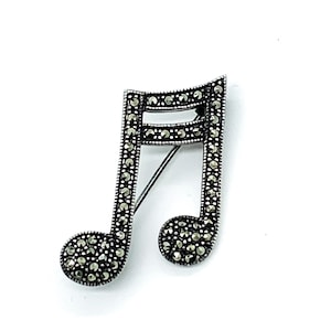 Vintage Sterling Silver Pave Marcasite Slanted Beam Musical Note Pin Brooch/ Vintage Sterling Brooch/ Sterling Music Note Brooch/ Music Pin