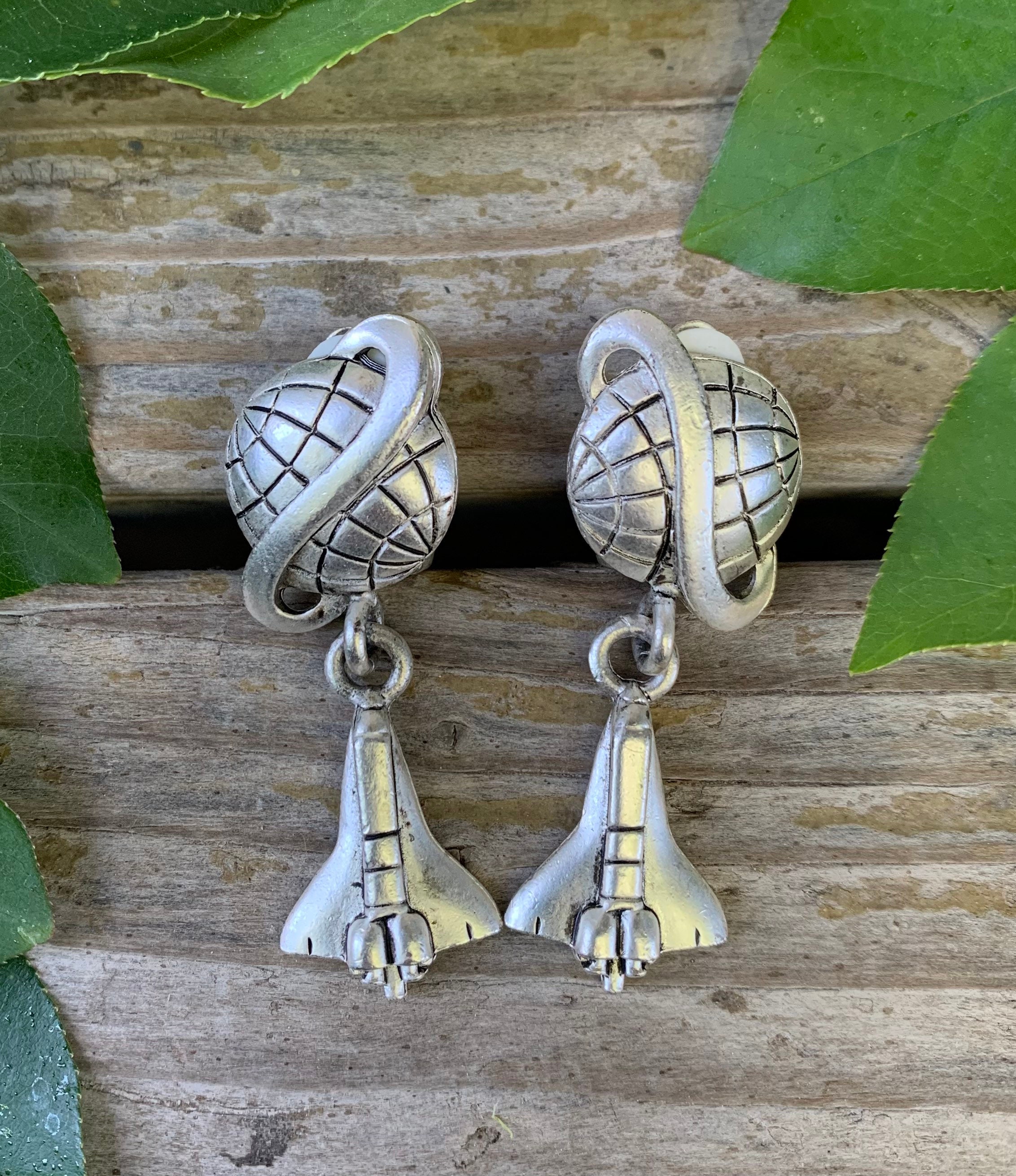 Vintage Mrs. Frizzle Planet & Rocket Ship Silver Tone Clip on Earrings ...