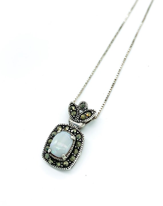 Vintage Sterling Silver White Opal Marcasite Pend… - image 2