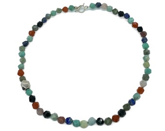 Vintage Sterling Silver Multi Gemstone Faceted Bead Necklace 24"/ Gemstone Bead Necklace/ Vintage Bead Necklace/ Lapis Bead Necklace