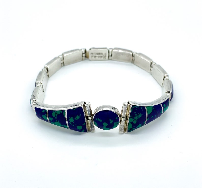 Vintage Taxco Sterling Silver Inlay Azurite Lapis Malachite Link Bracelet 7.5 Vintage Sterling Silver Inlay Azurite Bracelet Azurite