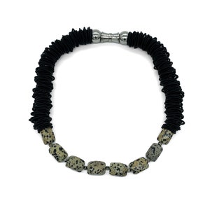 Vintage Big Statement Black Ring Dalmatian Jasper Bead Necklace 19&quot;/ Dalmatian Jasper Bead Necklace/ Jasper Bead Necklace/ Gemstone Bead