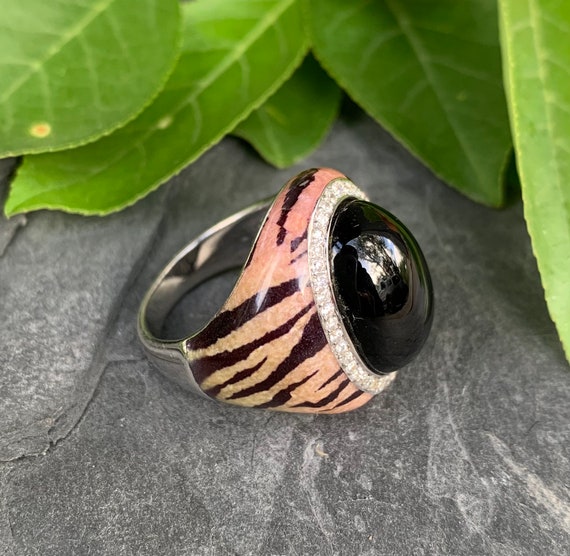 Vintage Sterling Silver Black Onyx Tiger Print En… - image 3