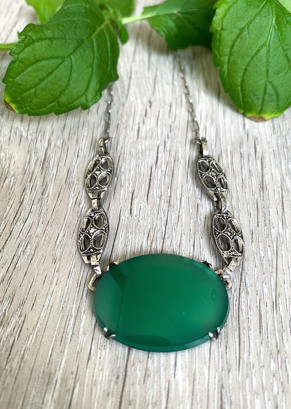 Antique Art Deco Sterling Silver Chrysoprase Marcasite Necklace 15"/ Antique Sterling Necklace/ Art Deco Sterling Necklace/ Green Gemstone