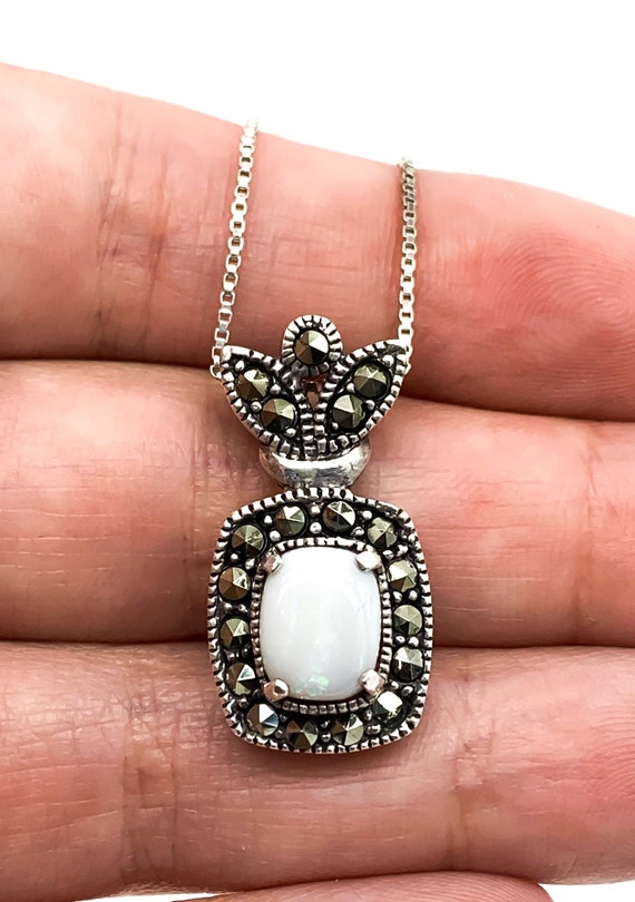 Vintage Sterling Silver White Opal Marcasite Pend… - image 9
