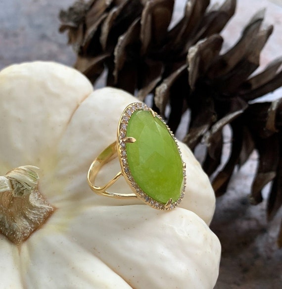 14k Yellow Gold Sterling Silver Green Calcite Pave White Sapphire