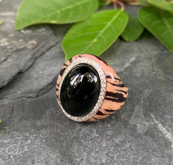 Vintage Sterling Silver Black Onyx Tiger Print En… - image 5