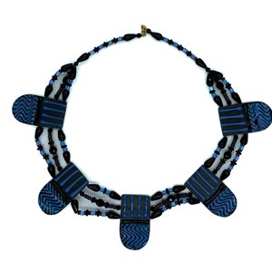 Vintage Artisan Black Blue Ceramic Egyptian Collar Bead Necklace 19"/ Y2K Artisan Collar Necklace/ Egyptian Style Collar Necklace/ Blue