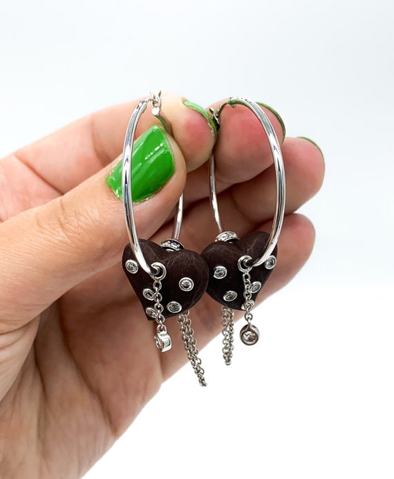 Vintage Sterling Silver Carved Wood Heart Crystal Hoop Earrings/ Sterling Silver Hoop Charm Earrings/ Sterling Heart Earrings/ Carved Wood