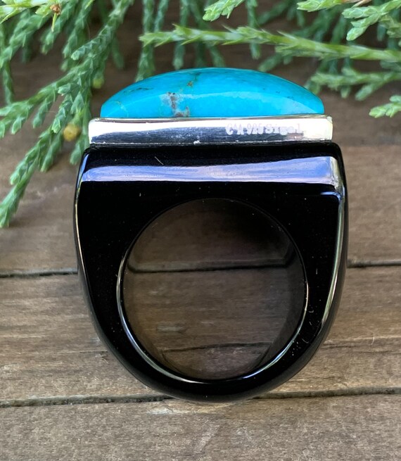 Vintage Designer Sterling Silver Carved Onyx Turquoise Ring Size 5.25/ Carved Gemsone Ring/ Bkack Inyx Ring/ Turquoise Signet Ring/ Blue View 5