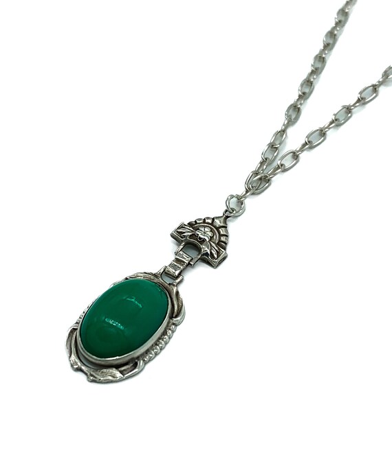 Antique Art Deco Sterling Silver Green Chrysopras… - image 3