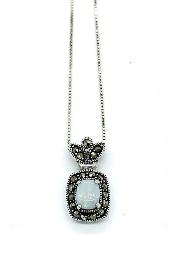 Vintage Sterling Silver White Opal Marcasite Pend… - image 1
