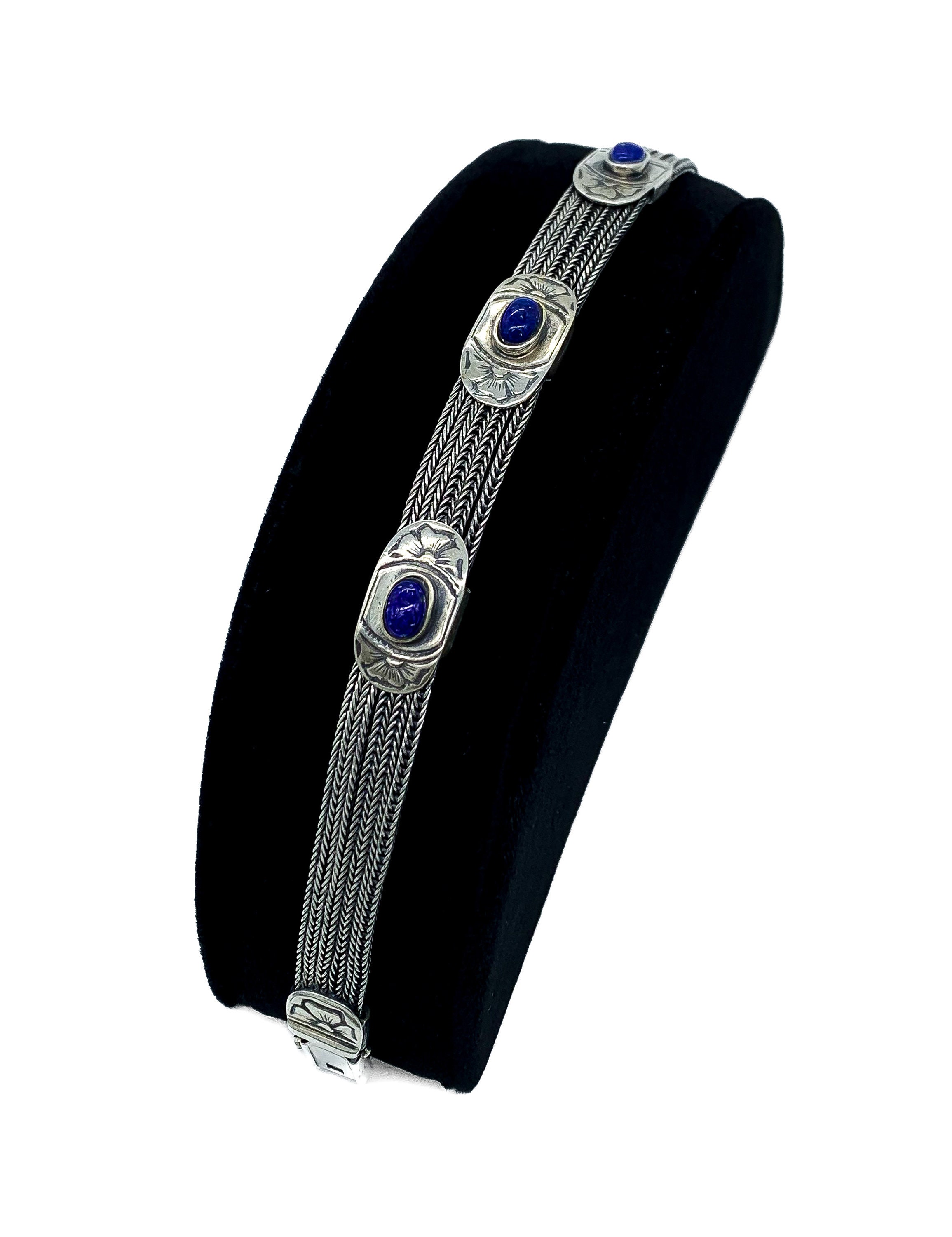Vintage Sterling Silver Byzantine Foxtail Chain Lapis Lazuli