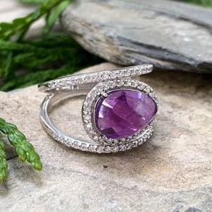 Sterling Silver Amethyst White Topaz Ring Size 7/ Amethyst White Topaz Ring/ Fancy Amethyst Sterling Ring/ Checker Cut Amethyst Ring